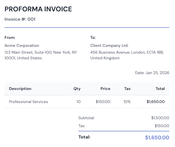 Example of a professional proforma invoice showing invoice details, line items, and totals